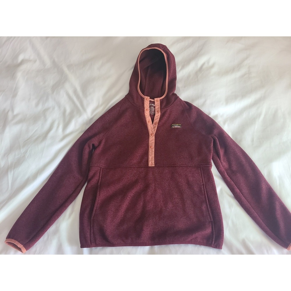 LL Bean Womens Sweater Fleece Pullover Hoodie Maroon Pink Trim Size L Reg